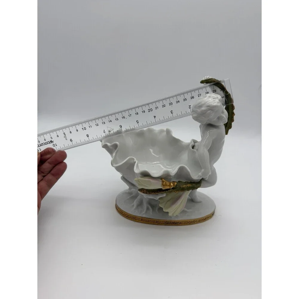 Antique Moore Bros White/Gold Trim Orchid Porcelain Putti Cherub Bowl Sculpture